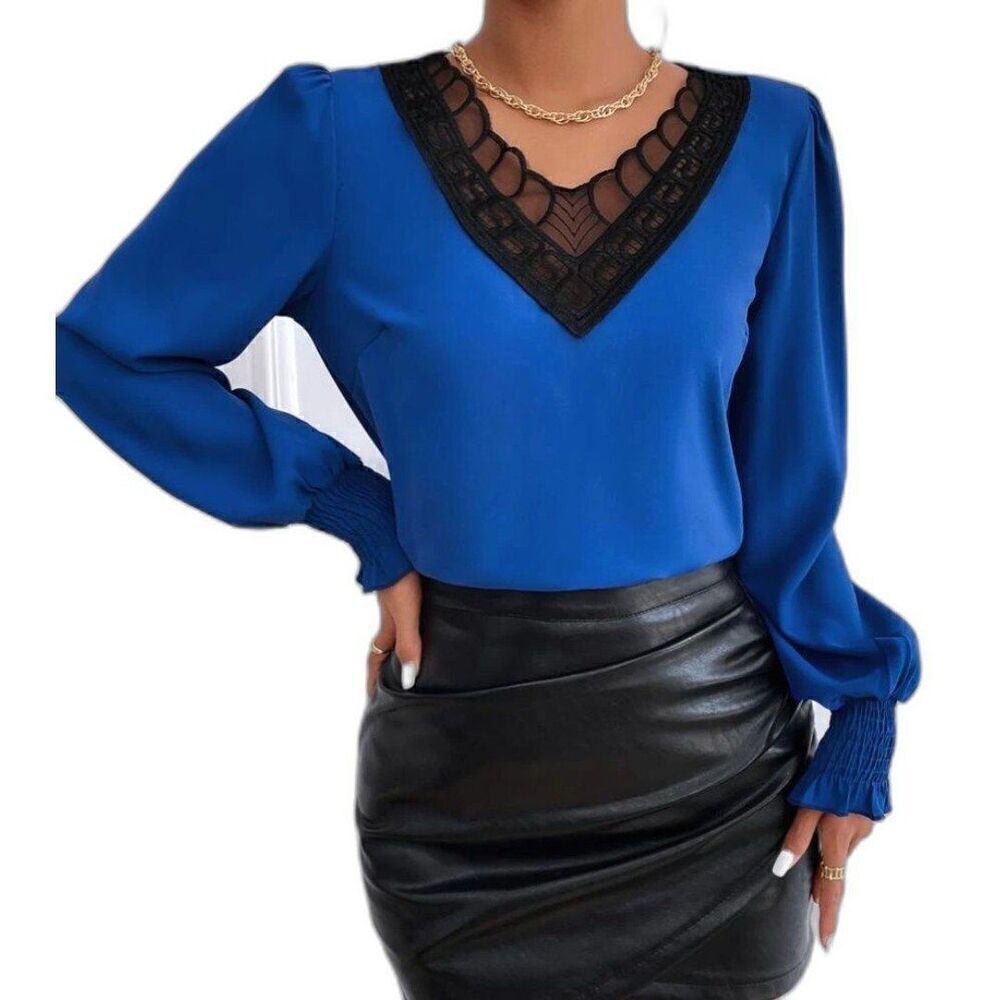 Women’s Blue V Neck Lace Bishop Sleeve Blouse Large